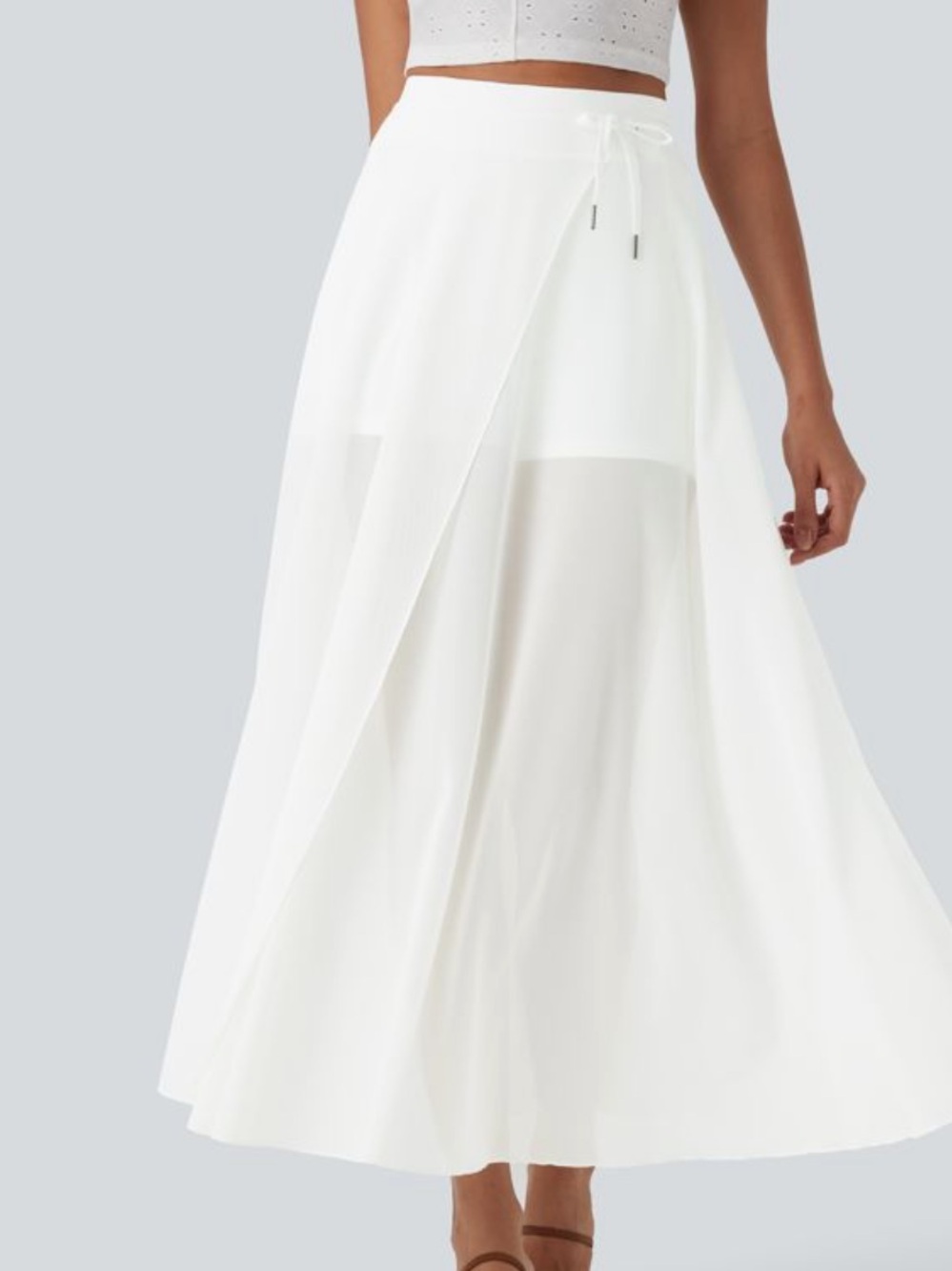 HALARA White Semi-Sheer Wrap Maxi Skirt with Drawstring